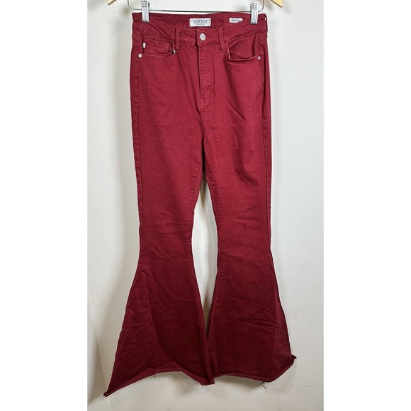 Judy Blue Super Flare Jeans Sz 9/29 Burgundy Stretch Western Raw Cuffed Hem - Picture 1 of 6